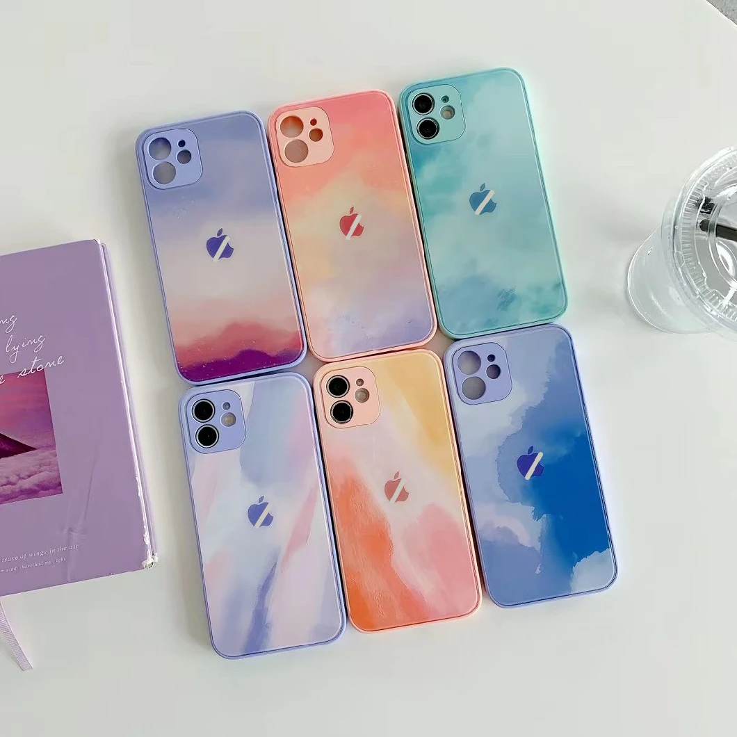 New Fashion Watercolor Tempered Glass Silicone Phone Case for iPhone 13 Promax 12 Promax