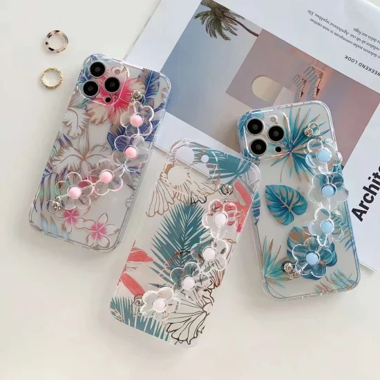 Luxuriöse IMD-Kristall-Armband-Galvanik-Pflanzen-Blumen-Handyhülle für iPhone 14 PRO Max, Handyhülle mit Riemen